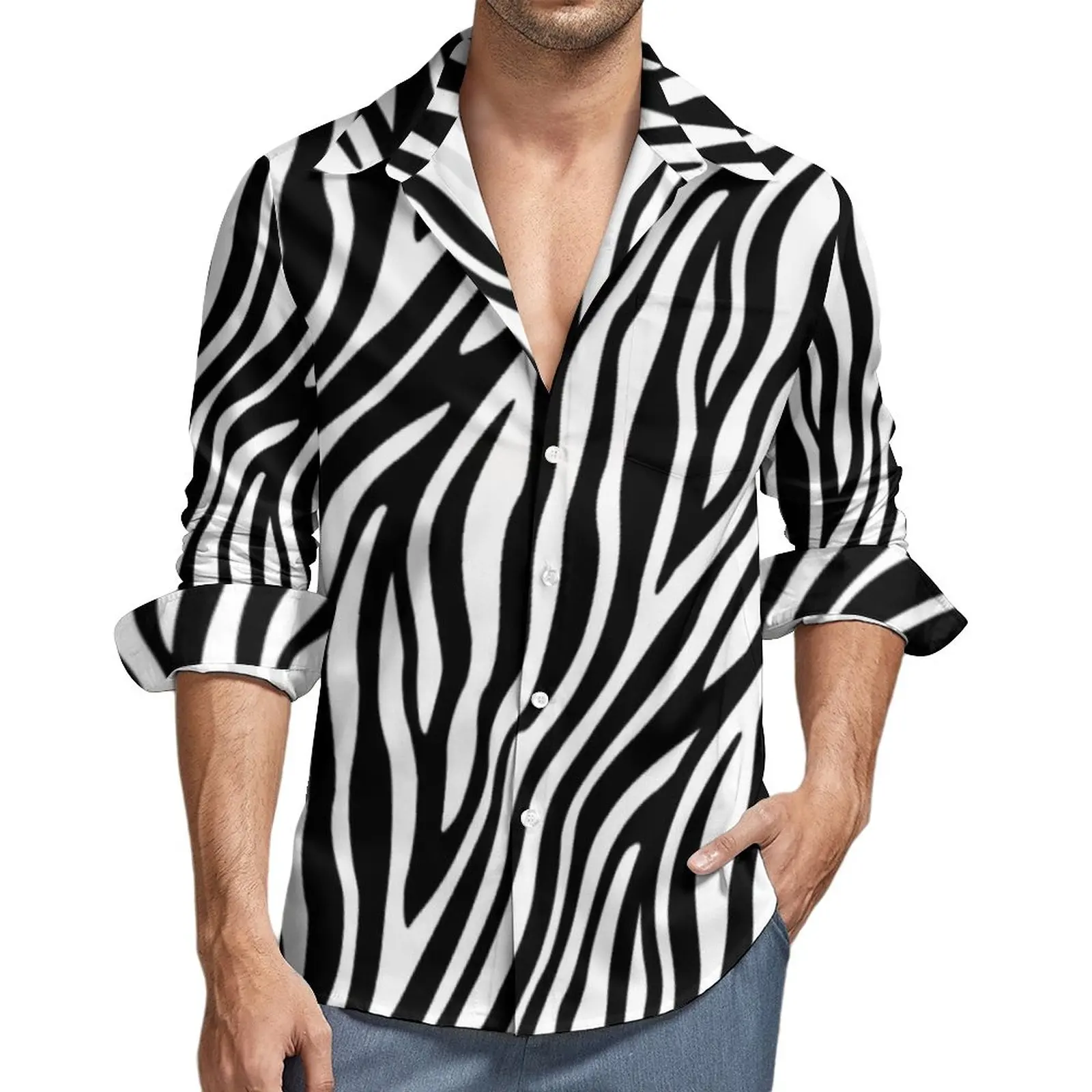 Zebra Pattern Casual Shirts Men African Animal Stripes Print Shirt Long Sleeve Trendy Y2K Blouses Autumn Graphic Top Plus Size