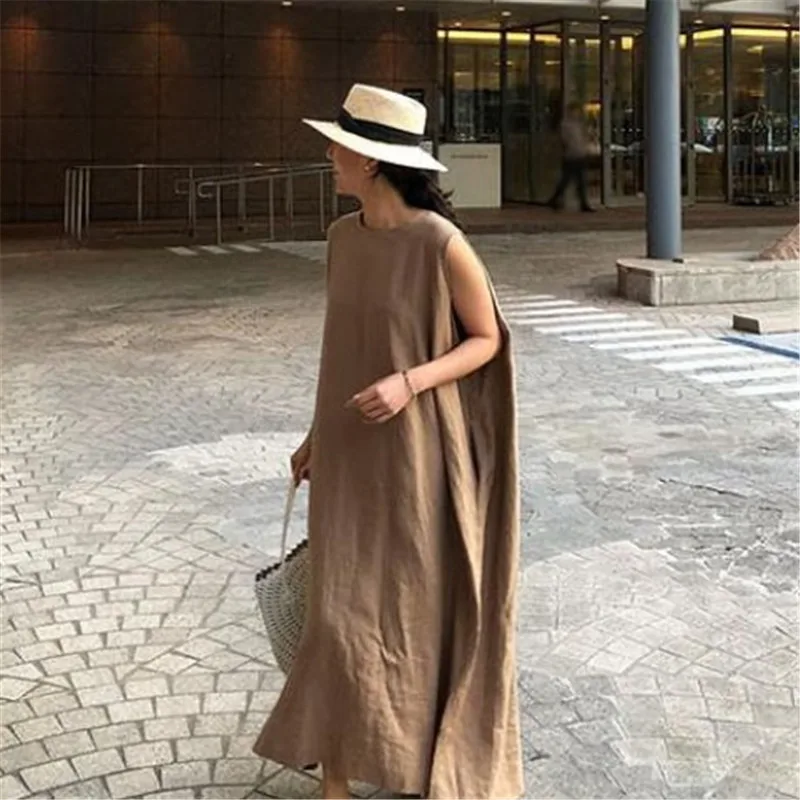 5518 South Korea Loose Cotton Linen Vest 2024 Summer New round Neck Sleeveless Long Dress