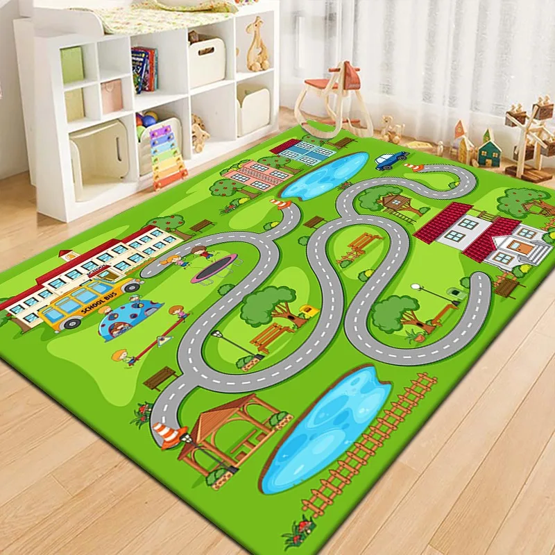 VIKAMA Parking Lot Road Game Pattern Children's Carpet With Cartoon Track, Stain-Resistant And Durable Floor Mat For Home Decor
