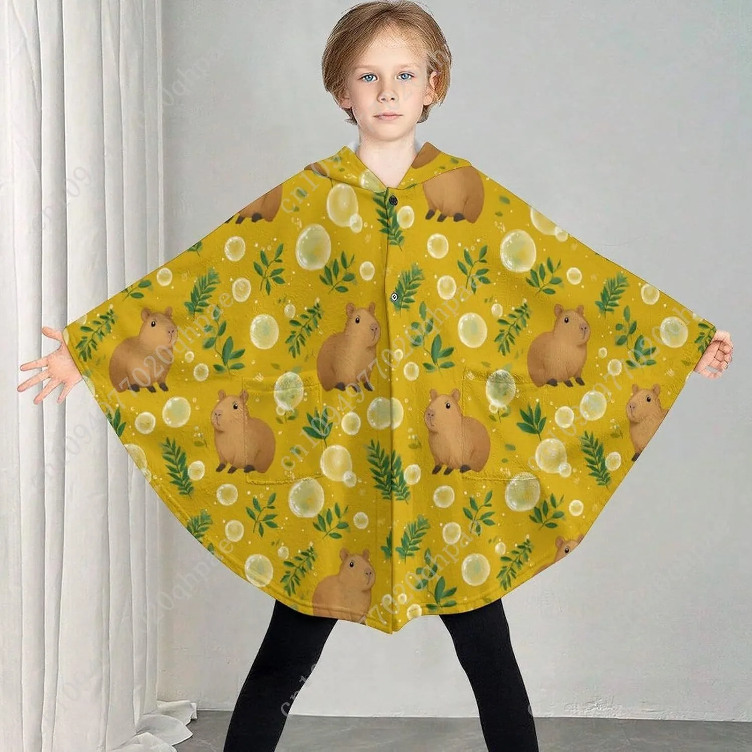 سترة بطانية مريحة من الفلانيل، سترة بغطاء للرأس كبيرة الحجم من كابيبارا اللطيفة مع جيوب للأطفال والمراهقين #2