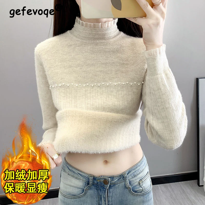 

2023Autumn Winter Women Korean Fashion Beaded Chic Plush Thick Basic Knitted Sweater Half High Collar Long Sleeve Slim Pullovers