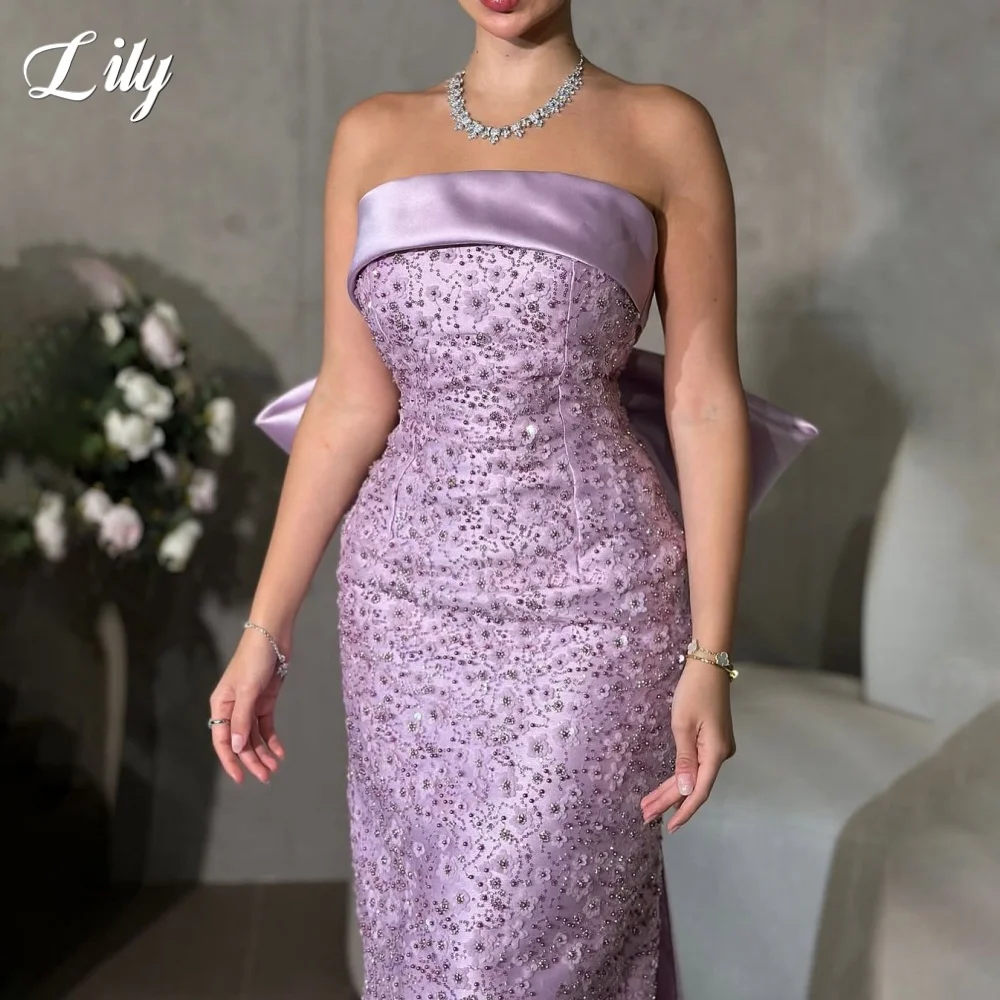 فستان حفلة موسيقية أرجواني من Lily بدون حمالات فستان حفل ترتر بدون أكمام فستان المشاهير مع فستان سهرة بطيات على شكل فيونكة حسب الطلب #5