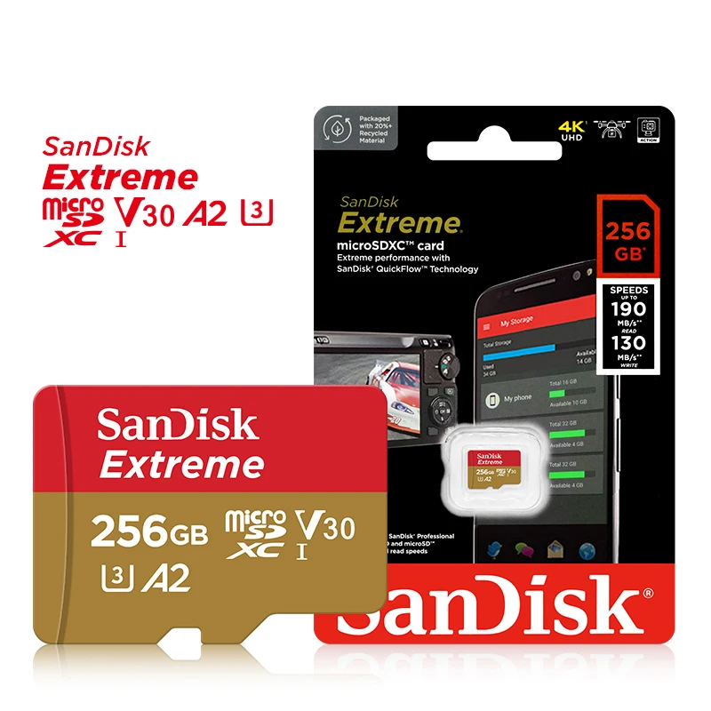 

Micro SD карта памяти SanDisk, 128 ГБ, 64 ГБ, 256 ГБ, SDXC A2 U3 V30, 160 Мб/с