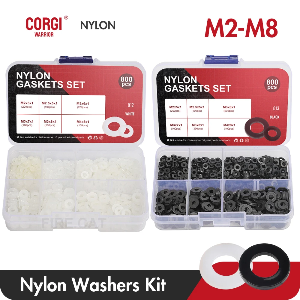 

Nylon Washers Assortment Kit M2 M2.5 M3 M4 M5 M6 M8 Plastic Insulation Spacers Seals Black White 560/800 PCS Set Gasket Ring Kit