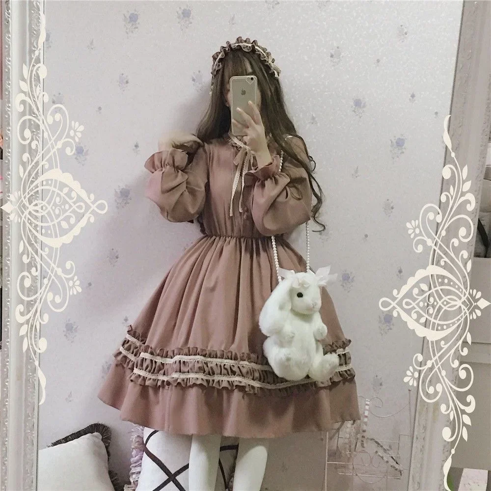 

Cute Women's Lolita OP Dress Flouncing Lace Trim Japanese Harajuku Long Sleeves Doll Dress Fairy Vestidos Casual Lolita