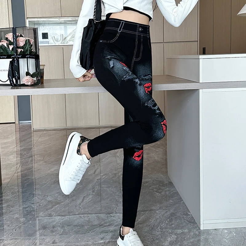 Women\'s Fitness Leggings Slim Skinny Sports Tight Pants Casual Printed Imitation Jeans Sexy Push Up Yoga Super Stretchy Pants