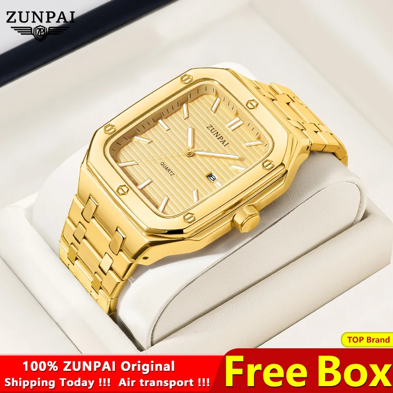 ZUNPAI Original Men's Watch Waterproof Stainless Steel Quartz Luminous Square Watch for Men Fashion Business Wristwatch