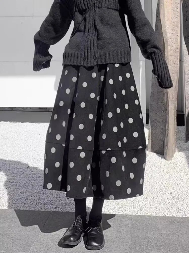 Oversized Corduroy Polka Dot Print Herfst Rok Vrouwen A-lijn Ruche Losse Geplooide Modis Dames Rokken Elastische Taille Vrouw Rokken