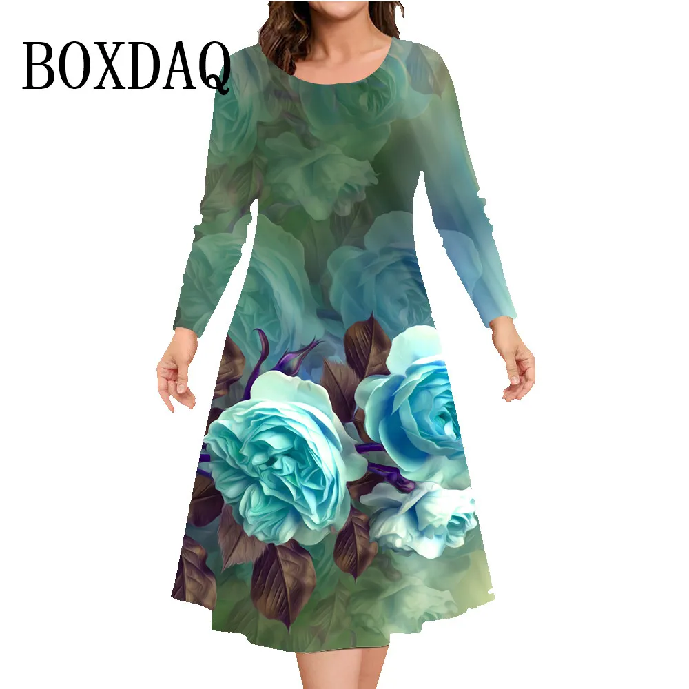 Flower O-Neck Dress Casual Loose Print Dresses Women Fashion Party A-Line Dress Autumn Winter Long Sleeve Plus Size Clothing 9XL