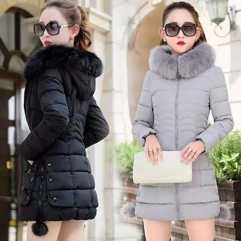 2024 Winter Women Jacket Parka Big Fur Collar Hooded Thick Warm Female Coat Casual Outwear European Fashion Black Female Tops