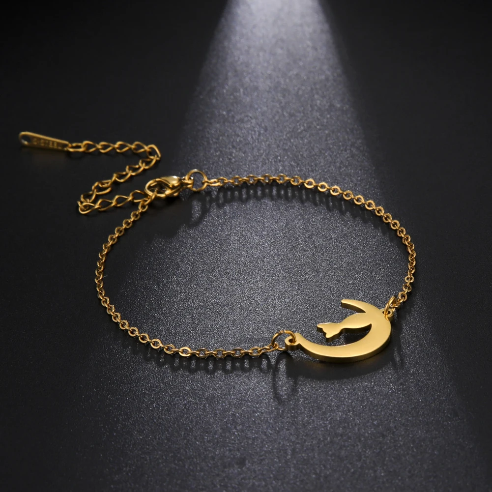 Moon and Cat Pendant Bracelet Stainless Steel Bracelet for Women Men Simple Fashion Jewelry  for Lover Wedding Party Gift