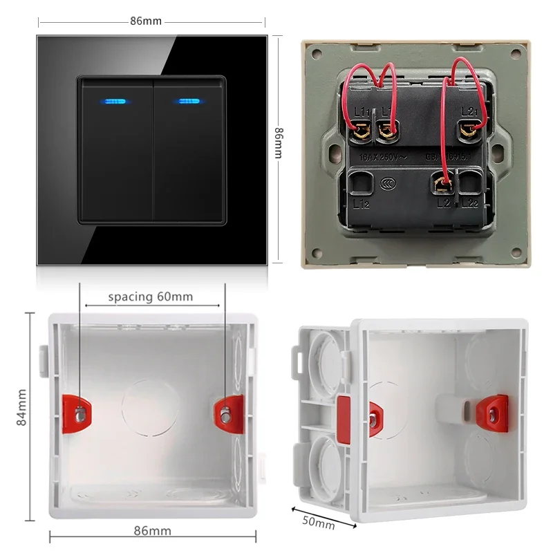 86 type glass panel, 1 set of 1/2/3 channels, 2 sets of 1/2 channels, through switch light, staircase wall switch with LED indic