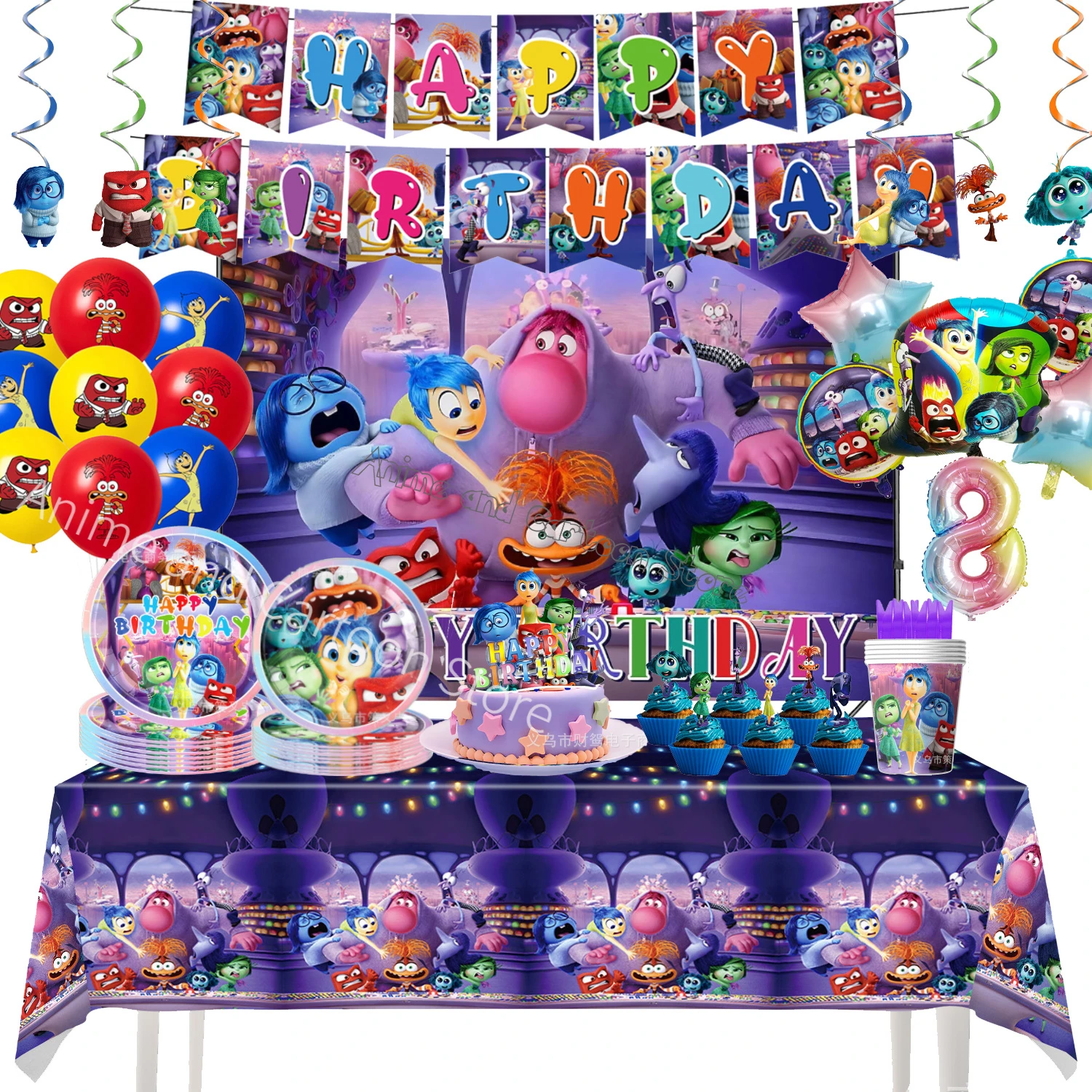 Disney Inside Out 2 Birthday Decoration Party Tableware Decorations Backdrop Banner Poster Figure Balloon Set Cake Topper Gift