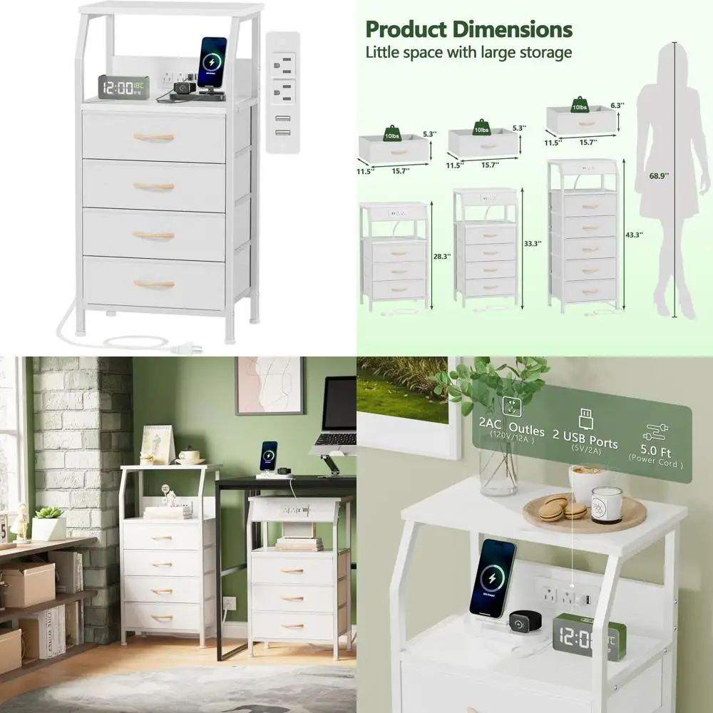 

Night Stand with Charging Station, Dresser with PVC & Fabric Drawers, 33.3 Inch Side Table with Open Shelf, Tall Bedside Table f