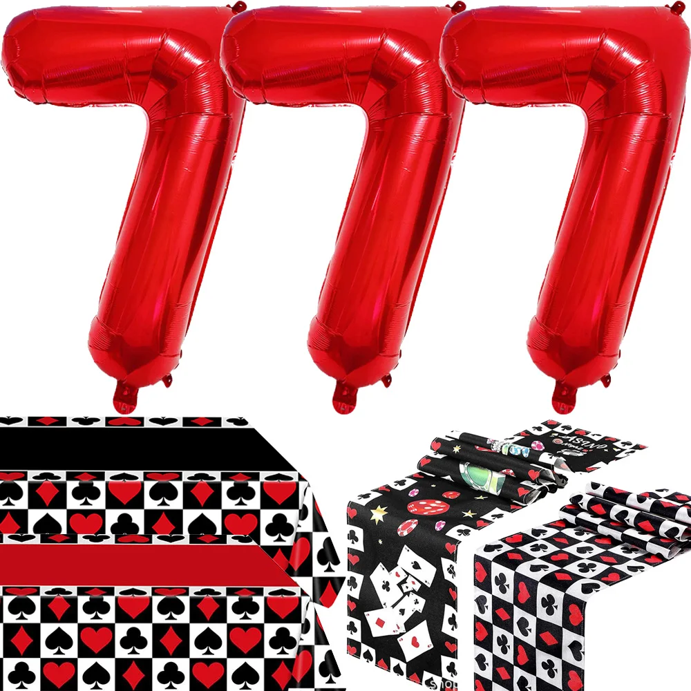 Poker Casino Decorations Tablecloth Las Vegas Table Cover 777 Foil Balloon for Casino Game Birthday Playing Card Party Supplies