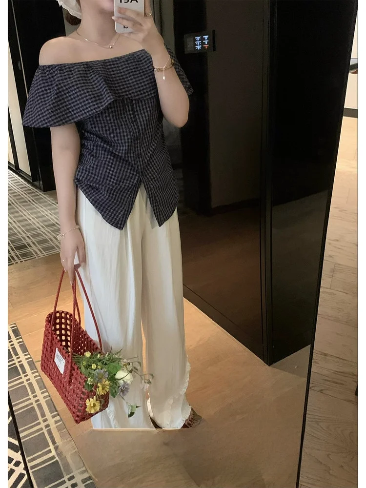 

Женские повседневные брюки больших размеров с эластичной талией и кружевным декором, удобные, в корейском стиле, длинные, прямые, с высокой талией