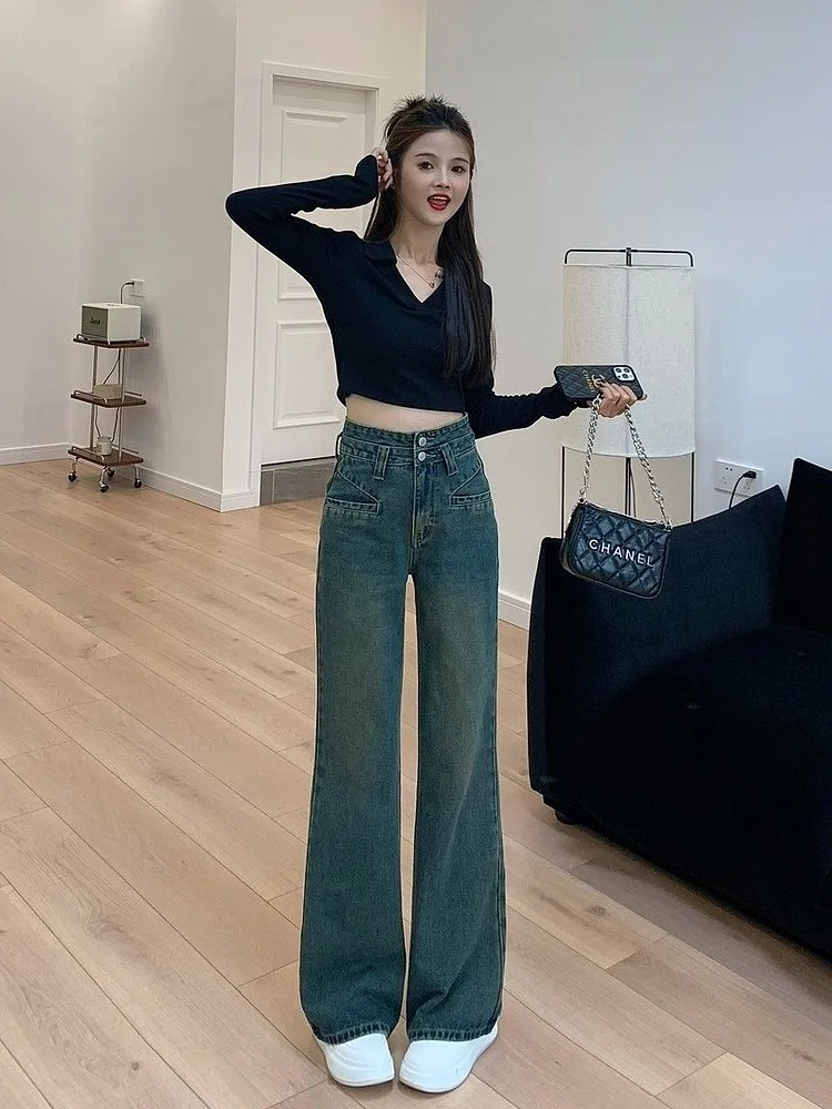 

Женские джинсы с высокой талией, расклешенные, широкие, модные, в стиле ретро, свободные, струящиеся, из денима, осенние, глубокого цвета