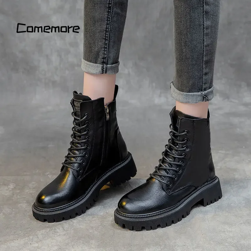 Comemore Boots Fashion Goth Shoe Woman Casual Autumn Leather Female Ankle Boot Platform Women\'s Footwear Women Shoes for Winter