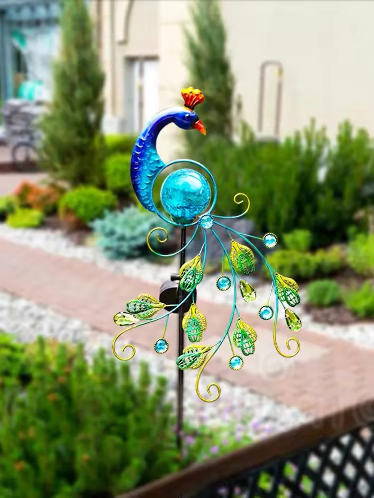 Solar Peacock Lamp, Wrought Iron Outdoor Lawn Lamp, Courtyard Garden Decoration Layout, Plug-In Lamp, Glass Cracked Ball Lamp