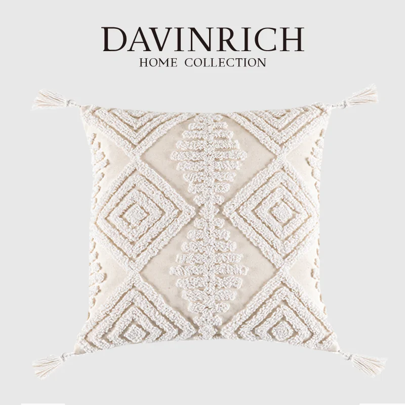 DAVINRICH Morocco Tufted Throw Pillow Case With Tassels Boho Farmhouse Cushion Cover For Sofa Couch Bedroom 45x45cm Cream Beige