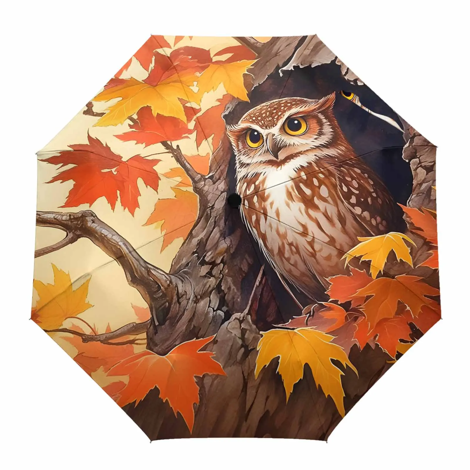 Autumn Maple Owl Summer Umbrella for Outdoor Fully-automatic Folding Eight Strands Umbrellas for Kids Printed Umbrella