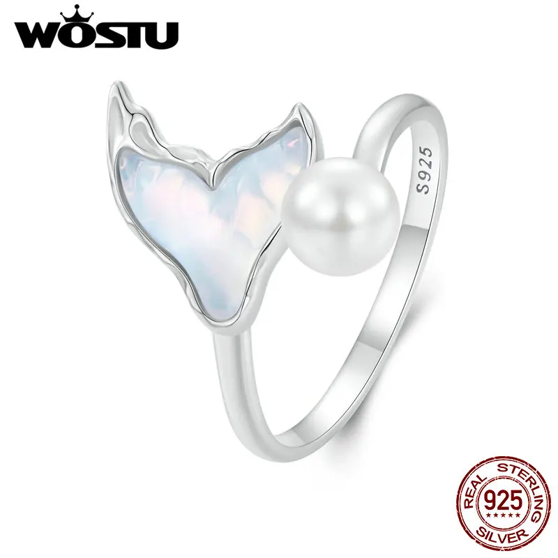 WOSTU 925 Sterling Silver Rainbow Crystal Mermaid Fishtail Pearl Ring For Women Opening Statement Rings Fine jewelry Party Gift