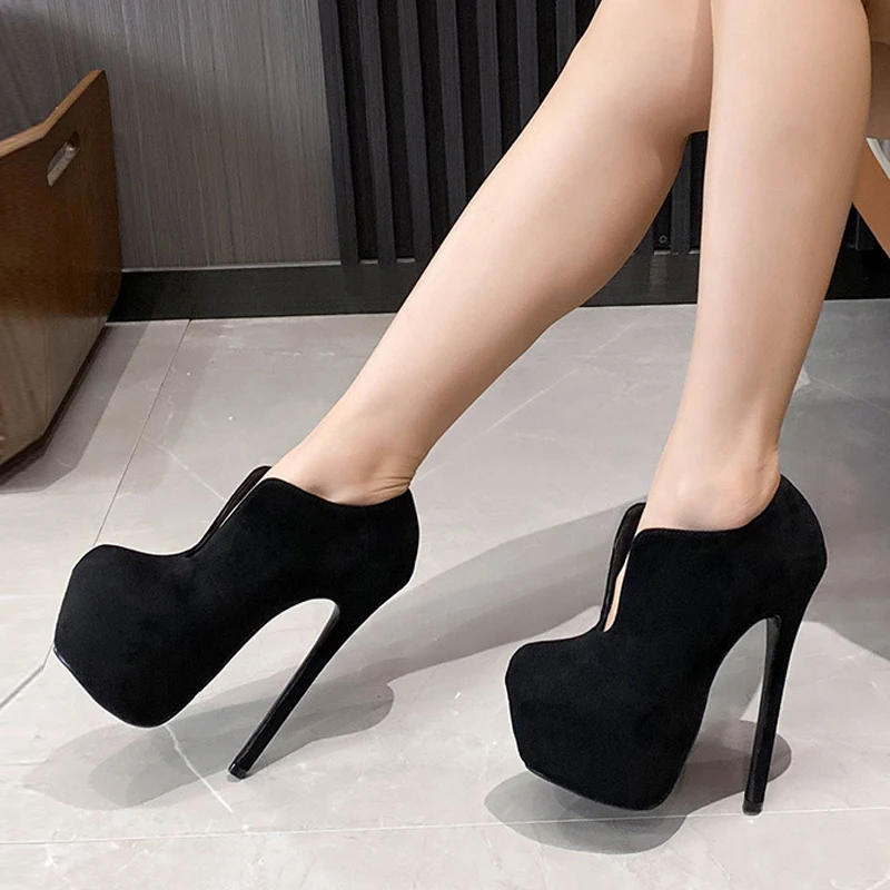 Liyke Big Size 44 45 Women Extreme Thin High Heels Stripper Pole Dance Shoes Solid Black Round Toe Slip On Sexy Platform Pumps