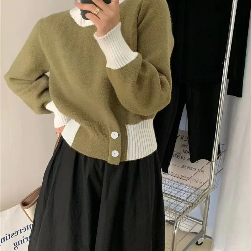 Autumn Winter New Fashion Round Neck Long Sleeve Contrast Color Pullovers Women's Clothing Waist Retraction Korean Knitting Tops