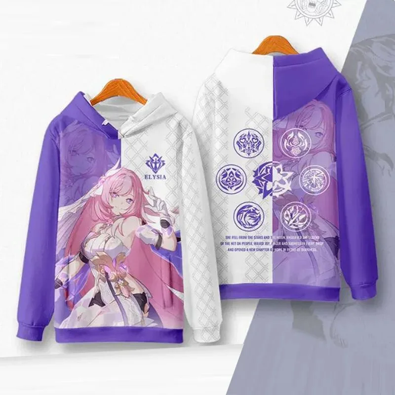 

Homens e mulheres Honkai Impact Print com capuz com zíper, moletom Elysia Cosplay, jaqueta com capuz, casacos masculinos, 2024