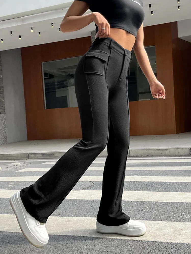 

BKLD 2024 New Y2k Clothes Women Streetwear Pocket Slim Solid Color Black Pants Elastic High Waist Flared Pants Casual Trousers