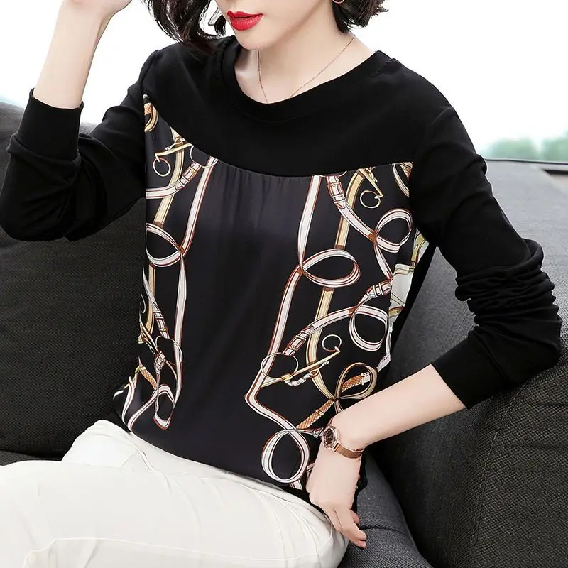 Long Sleeved T-shirt for Middle-aged Female Mother Spliced to Cover Her Belly Western-style Base Shirt Oversized Loose Top