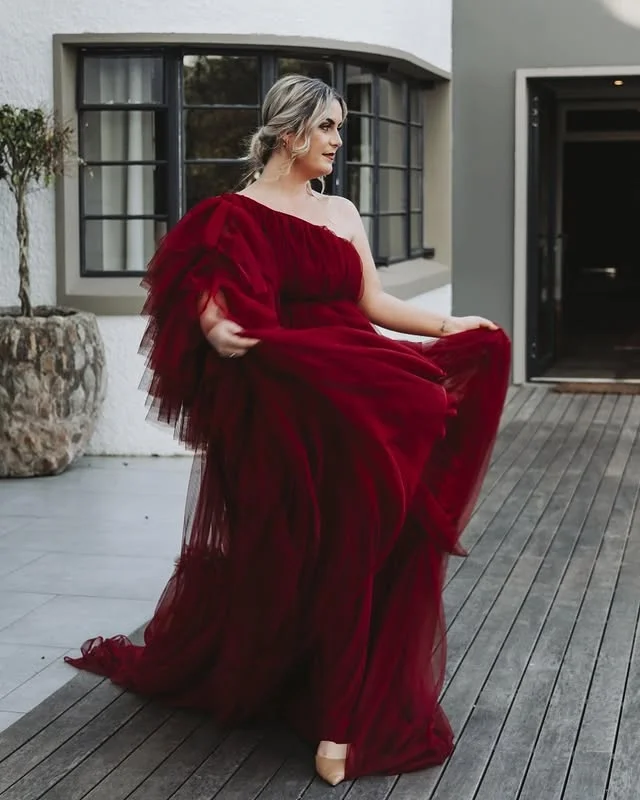 Vestido De fiesta De un hombro color Burdeos, tul hinchado con gradas, vestidos De noche De línea A, vestido De fiesta Formal para niñas, bata De velada