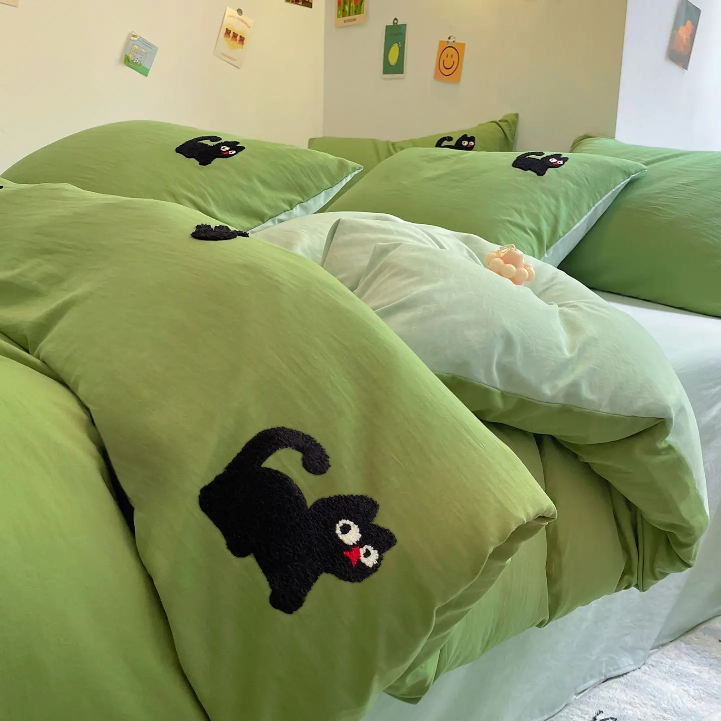 2026 New Green Bedding Set, Black Cat Skin-friendly Cover Set Lovely Animal, Single Queen King Size for Bedroom Dormitory Decor