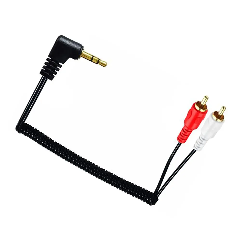 Gold Plated 3.5mm TRS Male Stereo 90 Degree Right Angled to 2x RCA Phono Male Audio Coiled Spiral Adapter Cable 80cm