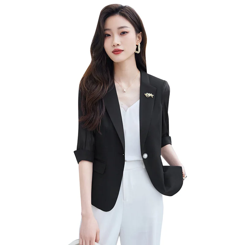 

2024 Summer Single Button Blazer Smooth Lace Sleeve Design Women Coat Fashion Office Wear Formal Clothes For Lady's Tops