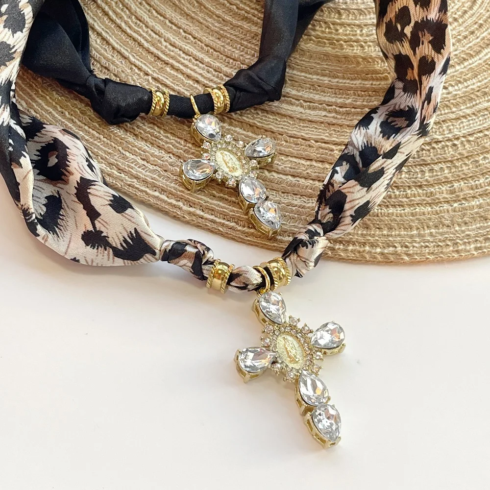 

Cross Bandana Necklace – Crystal Rhinestone Cross with Virgin Mary Medallion & Fashion Scarf Chain