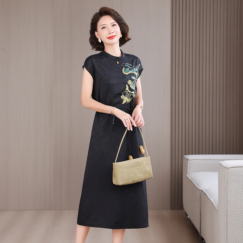 Summer Chinese Style Silk Jacquard Midi Sundress 2025 Women Boho Fashion Casual Embroidery Dress Elegant Luxury Festival Vestido