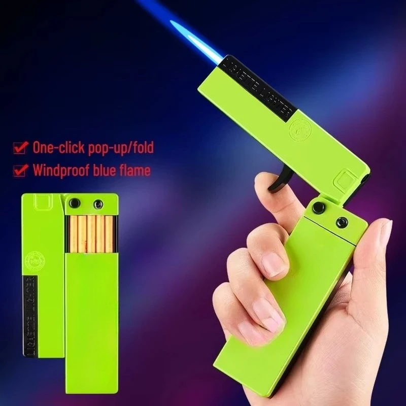 

2-in-1 Creative Folding Gun Type Cigarette Case Butane Gas Lighter 10 Fine Cigarette Packs Windproof Jet Blue Flame Fun Lighters