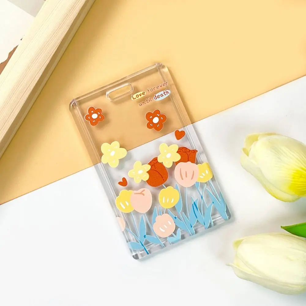 Hanging Neck Transparent Card Holder Keychain Double-sided Viewing Flower Card Case Sliding Closure Card Access Control