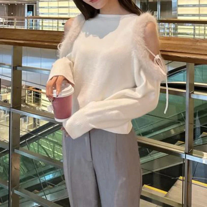 Fur Off Shoulder Bandage Ropa Mujer Round Neck 2025 Woman Sweater Gentle Outerwears Japan Clothes Women Autumn New Pullovers