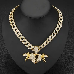 Factory sale Iced Out 15mm Cuban Chain With Hip Hop Alloy And Bling Rhinestone Angel Love Heart Pendant Necklace