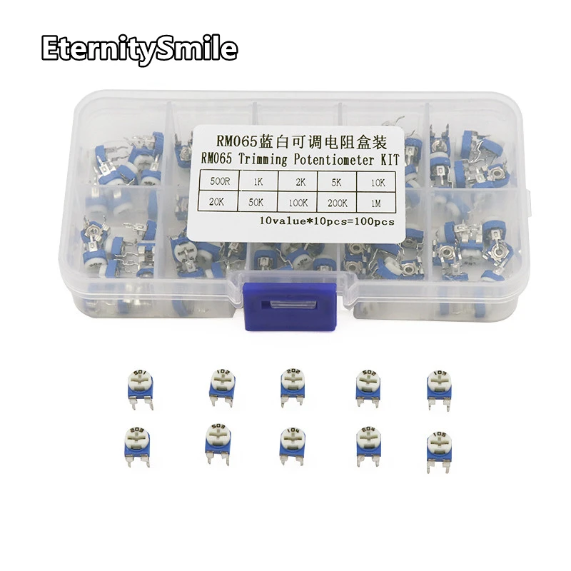 

100Pcs/Box RM065 Carbon Film Horizontal Trimpot Potentiometer Assortment Kit 10 Values Variable Resistor 500R - 1M