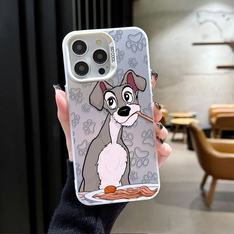 디즈니 레이디와 트램프 케이스 iPhone 16 15 14 13 12 11 Pro Max XS X XR 8 7 Plus SE 2020 도금 매트 하드 충격 방지 카파