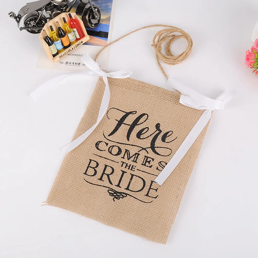 Here Comes The Bride Burlap Sign Made of Natural Jute Fabric with Ivory Ribbon Perfect for Wedding Ceremony Reception Decoration