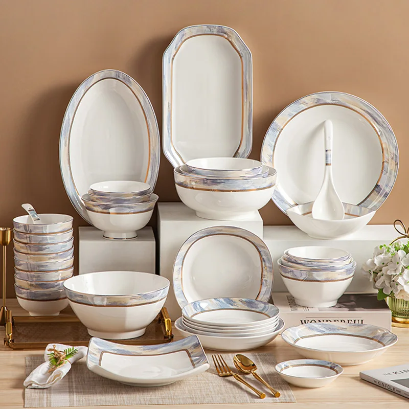 

European bone china tableware set household dishes ceramic bowls and chopsticks housewarming gift bowls and plates