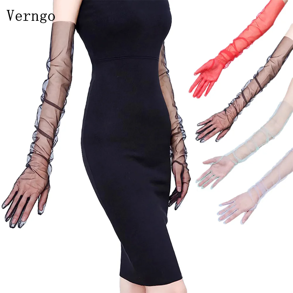 Verngo Guantes de novia Vestido de novia de malla larga Accesorios de boda de Halloween euroamericanos Mangas de encaje negro para mujer Personalizadas