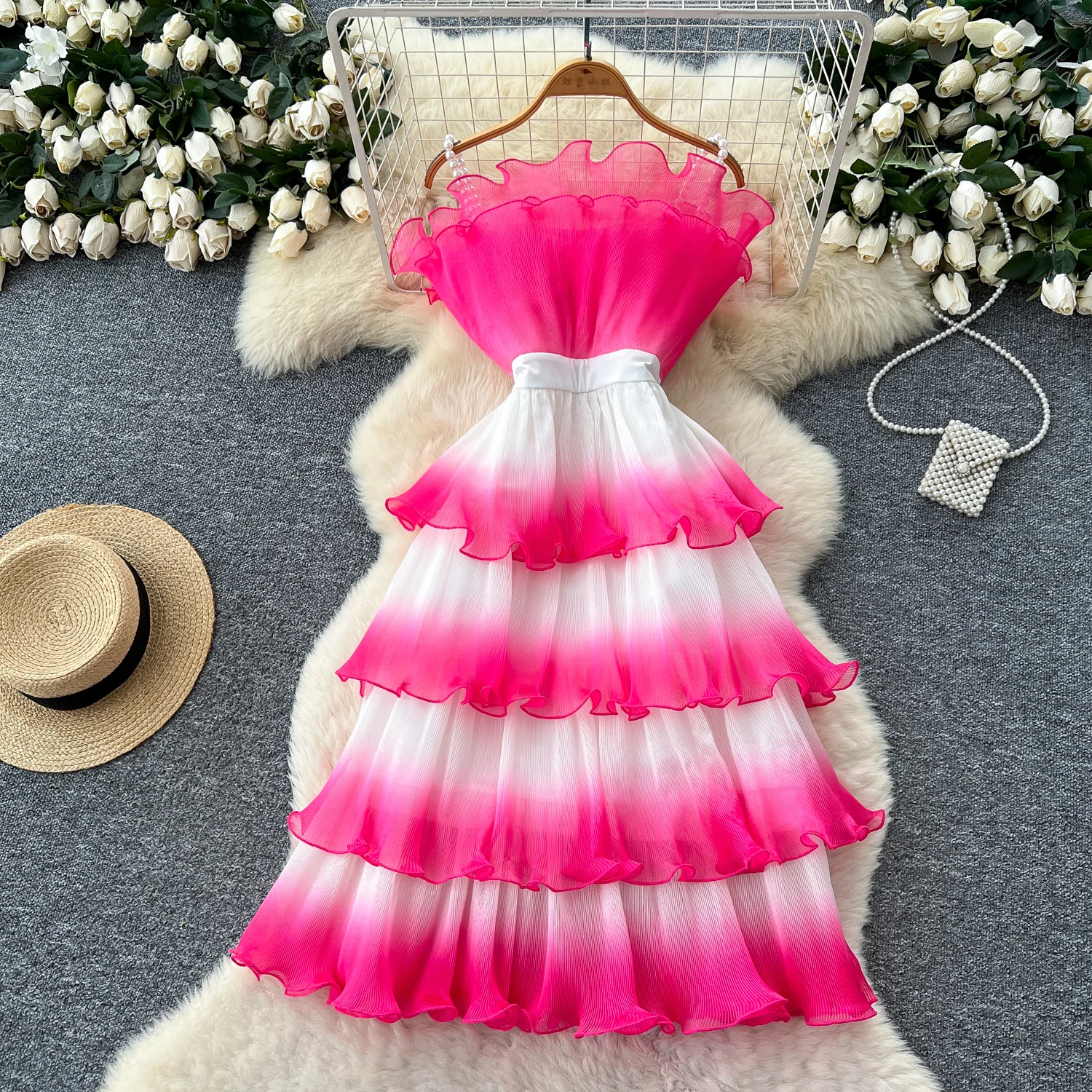 Vintage elegante gradiente sem mangas em camadas vestido de malha chique a linha moda vestidos vestido feminino