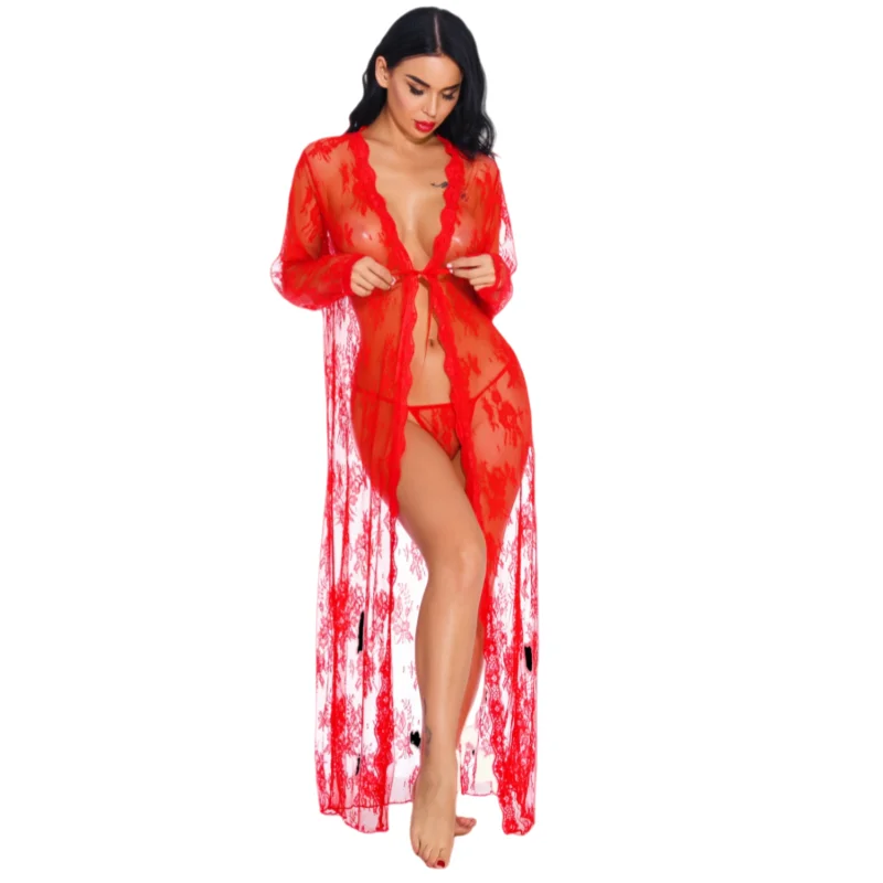 Modieuze en sexy kanten lingerie vest lange nachtjapon, doorzichtige pyjama met string, erotische lingerie nachtjapon