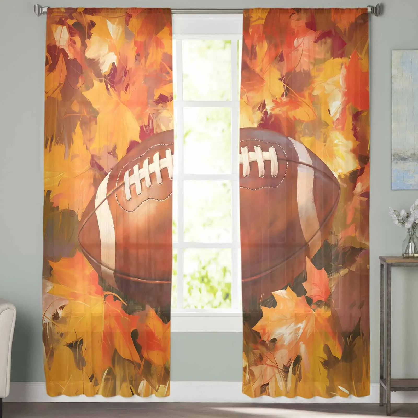 Autumn Maple Leaf Rugby Tulle Curtains For Bedroom Home Decor Living Room Kitchen Voile Curtains For Blind