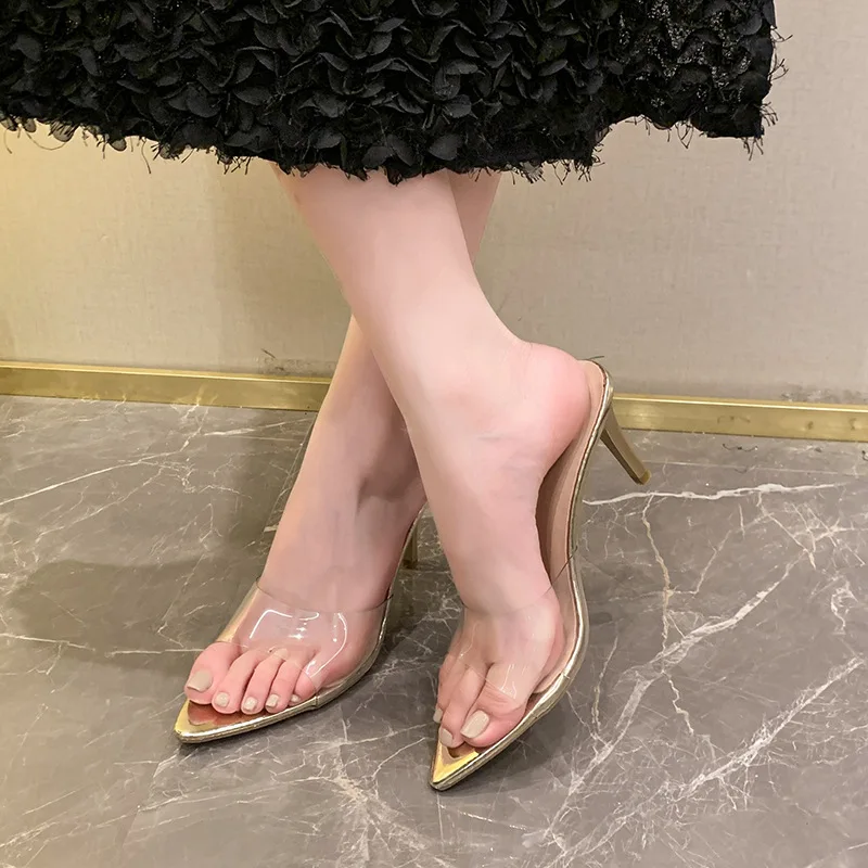 Simple Mid-heel Pointed Slippers Women Sandals 2025 Summer High-heeled Womens Shoes Sexy Outside Modern Fashion Slides Size 42